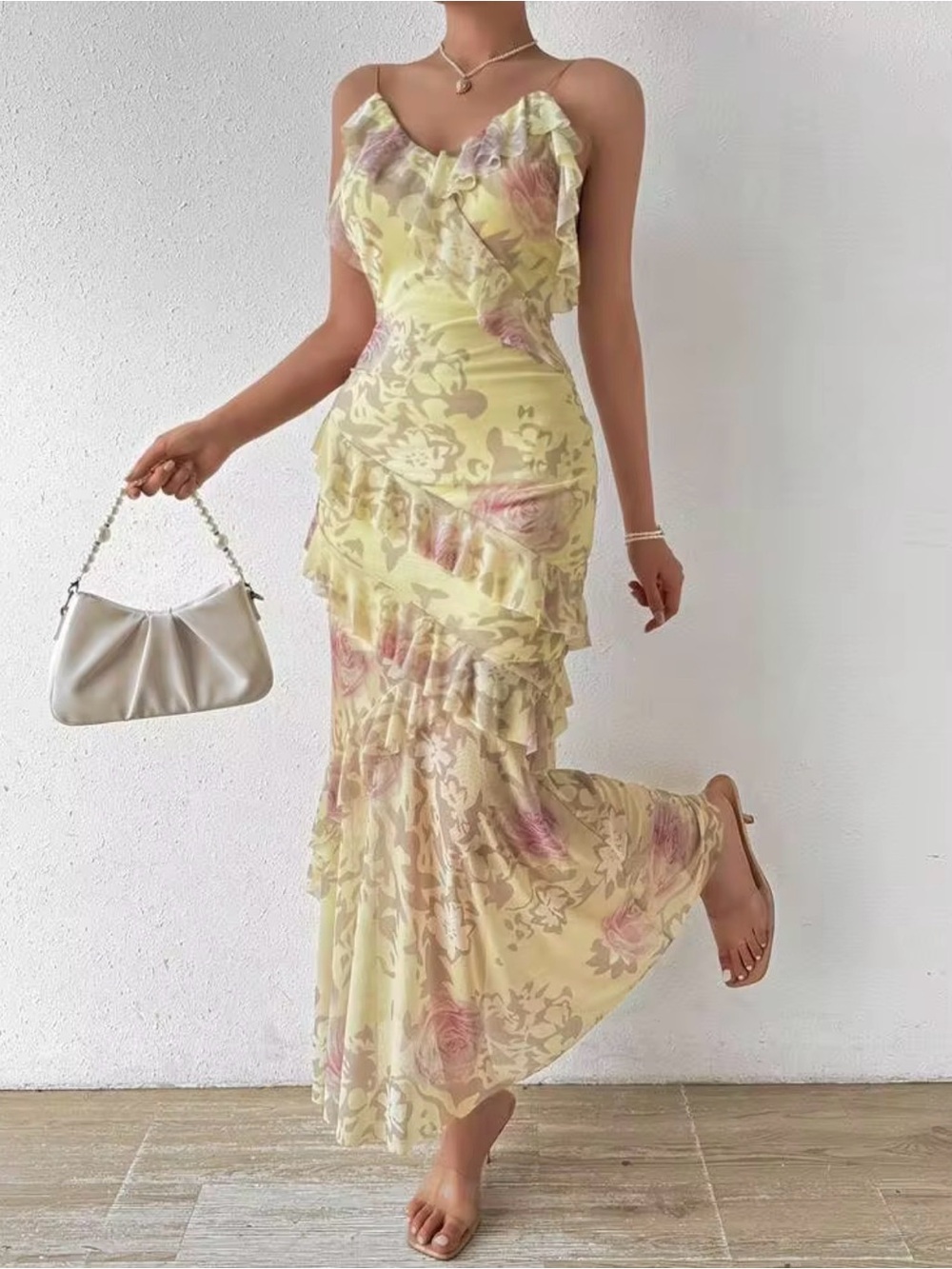 SHEIN Yellow Floral Ruffle Maxi Dress with Pink Accents